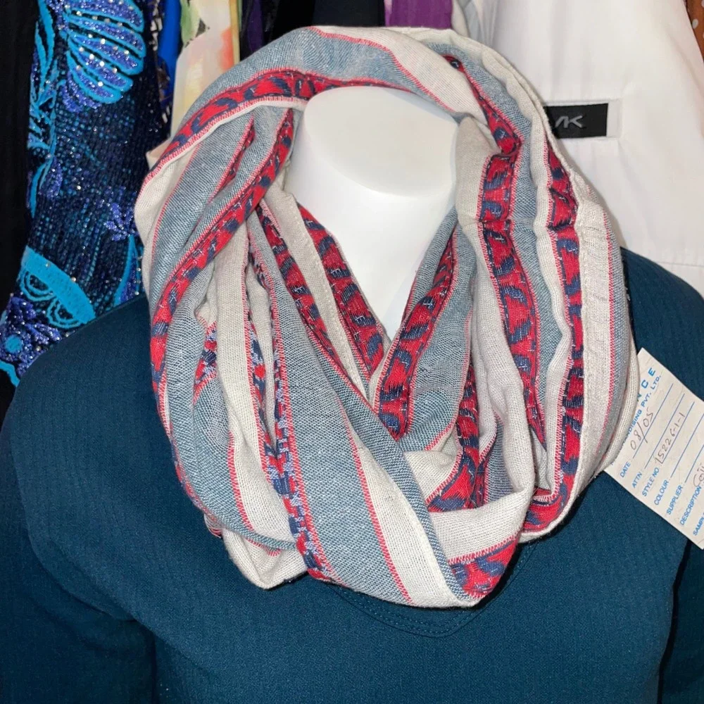 Alliance Merchandising Cotton Silk Striped Wrap Scarf Blue‎ Red Cream Fringe